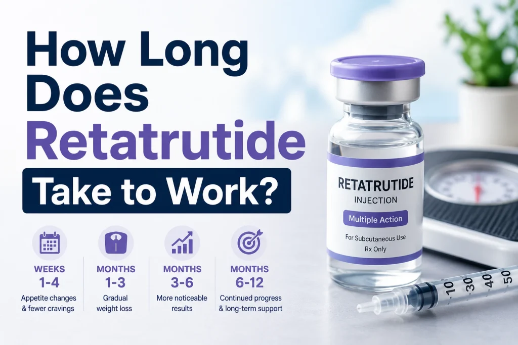 Medical-themed featured image showing a retatrutide injection vial and syringe beside a scale, with the headline "How Long Does Retatrutide Take to Work?"